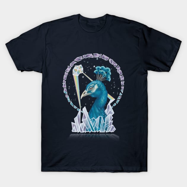 Cosmic Peacock with Rainbow Crystals T-Shirt by valerieanderson